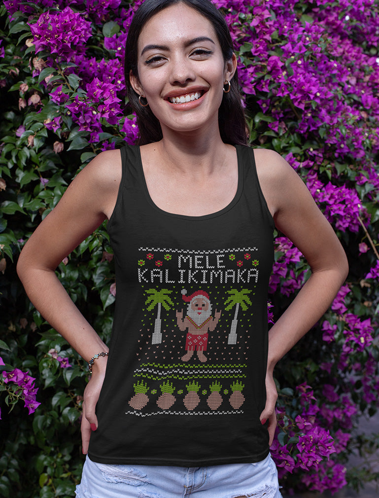 Mele Kalikimaka Santa Hawaiian Ugly Christmas Women Tank Top 