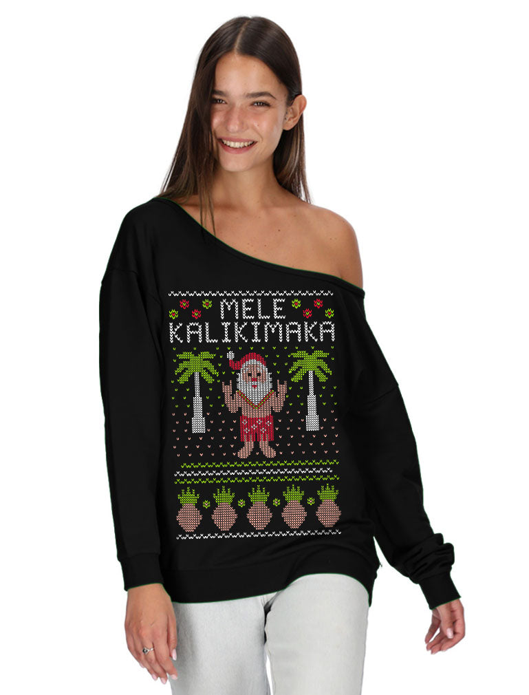Mele Kalikimaka Santa Hawaiian Ugly Christmas Off shoulder sweatshirt - Black 2