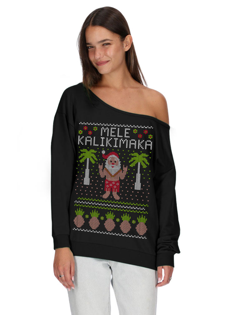 Mele Kalikimaka Santa Hawaiian Ugly Christmas Off shoulder sweatshirt - Black 3