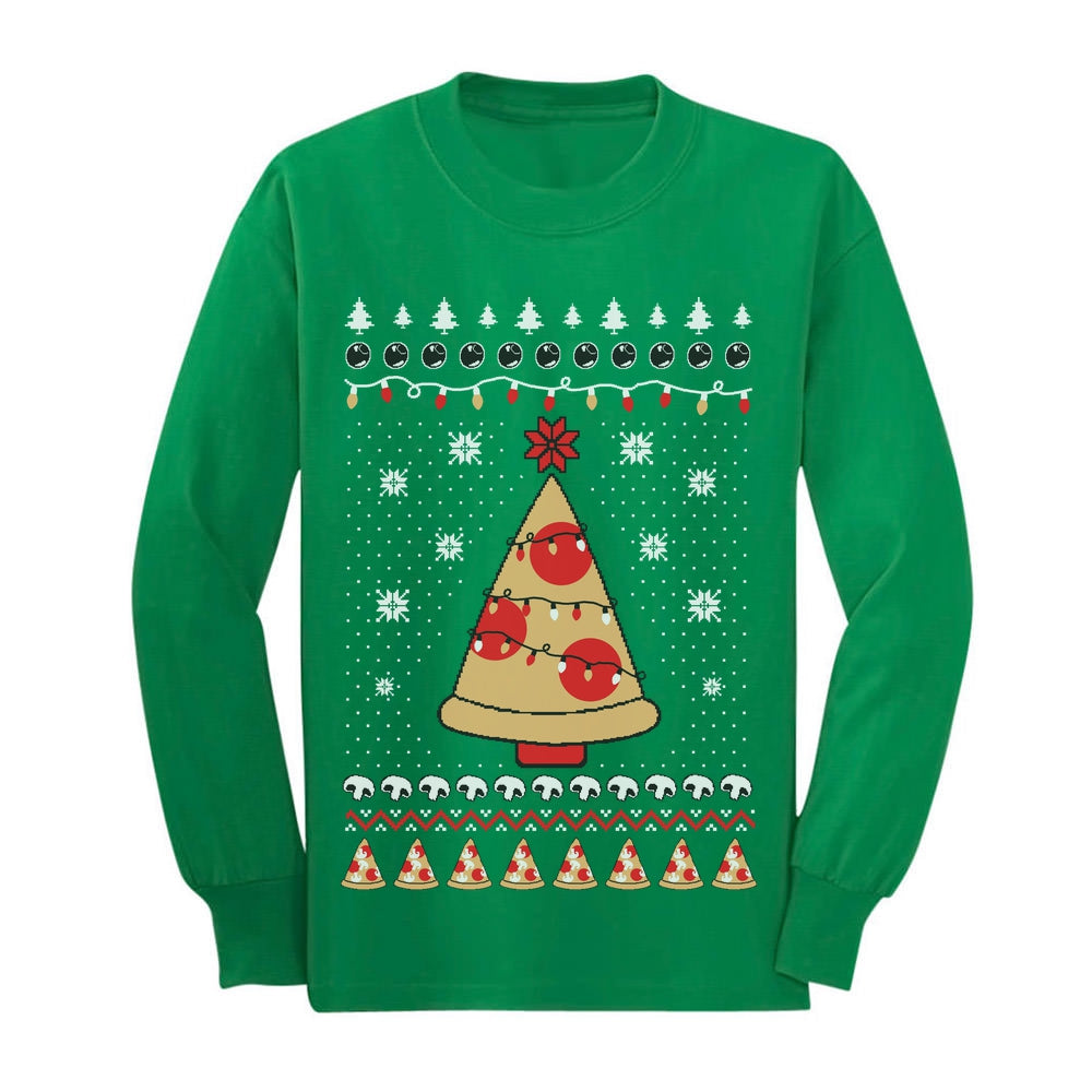 Pizza Ugly Christmas Youth Kids Long Sleeve T-Shirt - Green 1