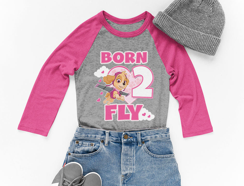 Birthday Girl Paw Patrol Skye Born 2 Fly 2nd Birthday 3/4 Sleeve Baseball Jersey Toddler Shirt - Purple 5