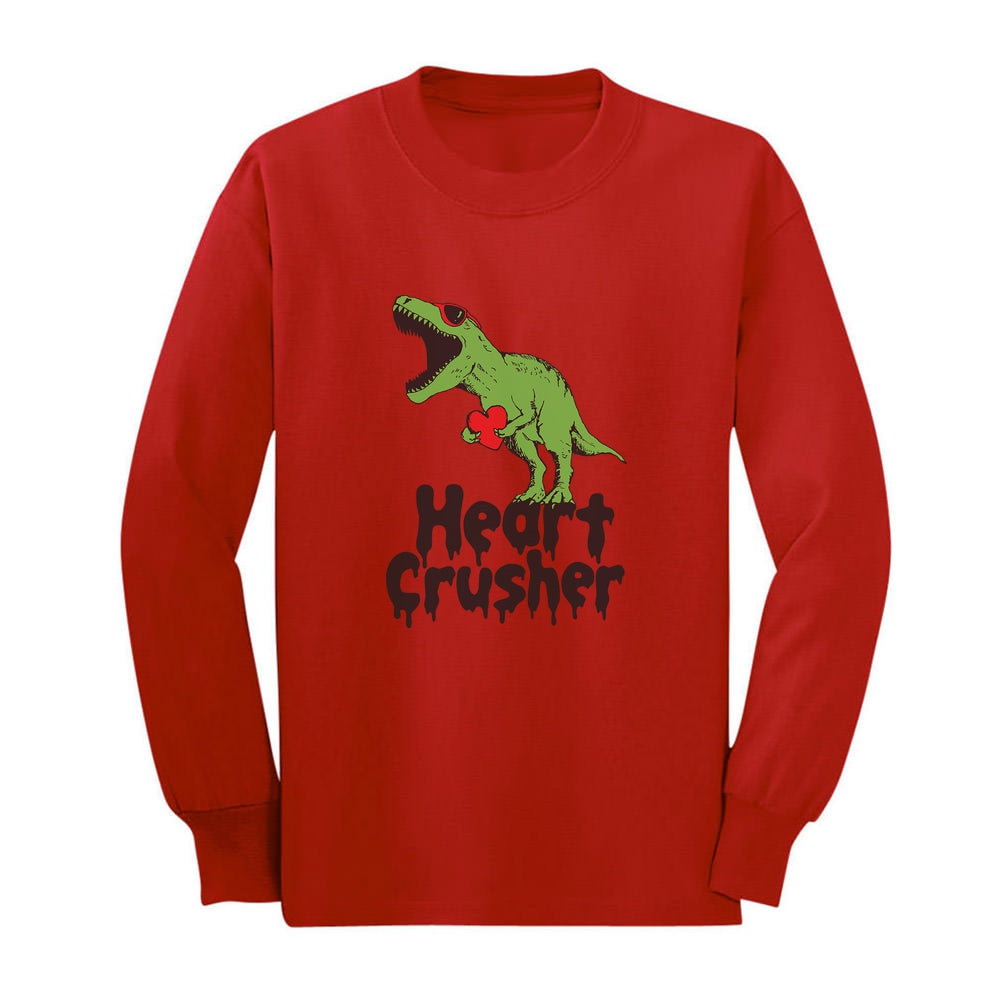 Heart Crusher T-Rex Love Valentine's Gift Youth Long Sleeve T-Shirt - Red 1