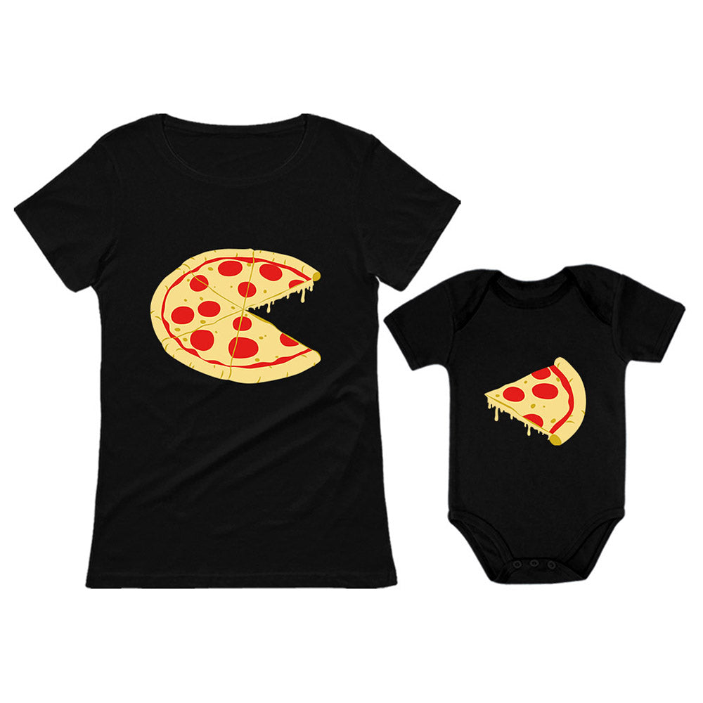 Pizza Pie & Slice Baby Bodysuit & Women's T-Shirt Matching Set Mom & Baby Set - Mom Black / Baby Black 1