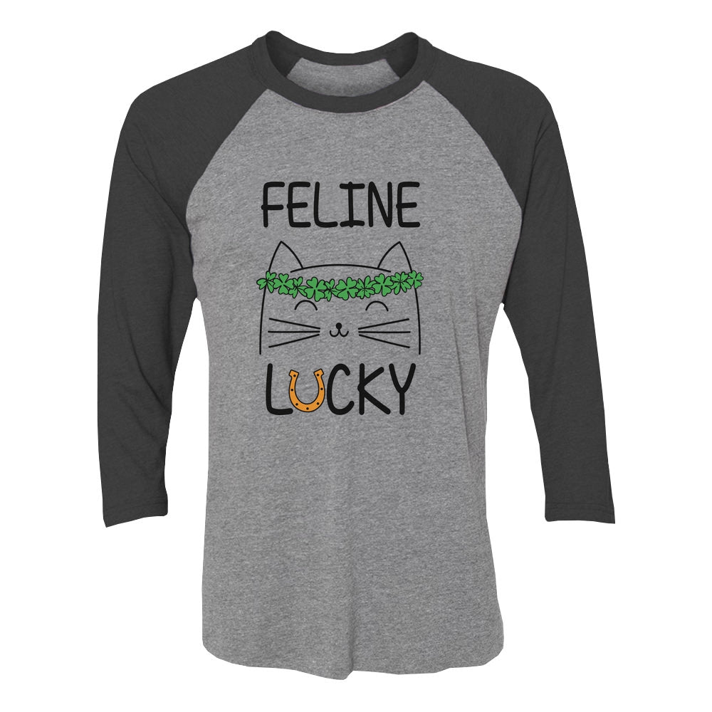 Feline Lucky Irish Cat St Patrick's Day 3/4 Women Sleeve Baseball Jersey Shirt - black/gray 7