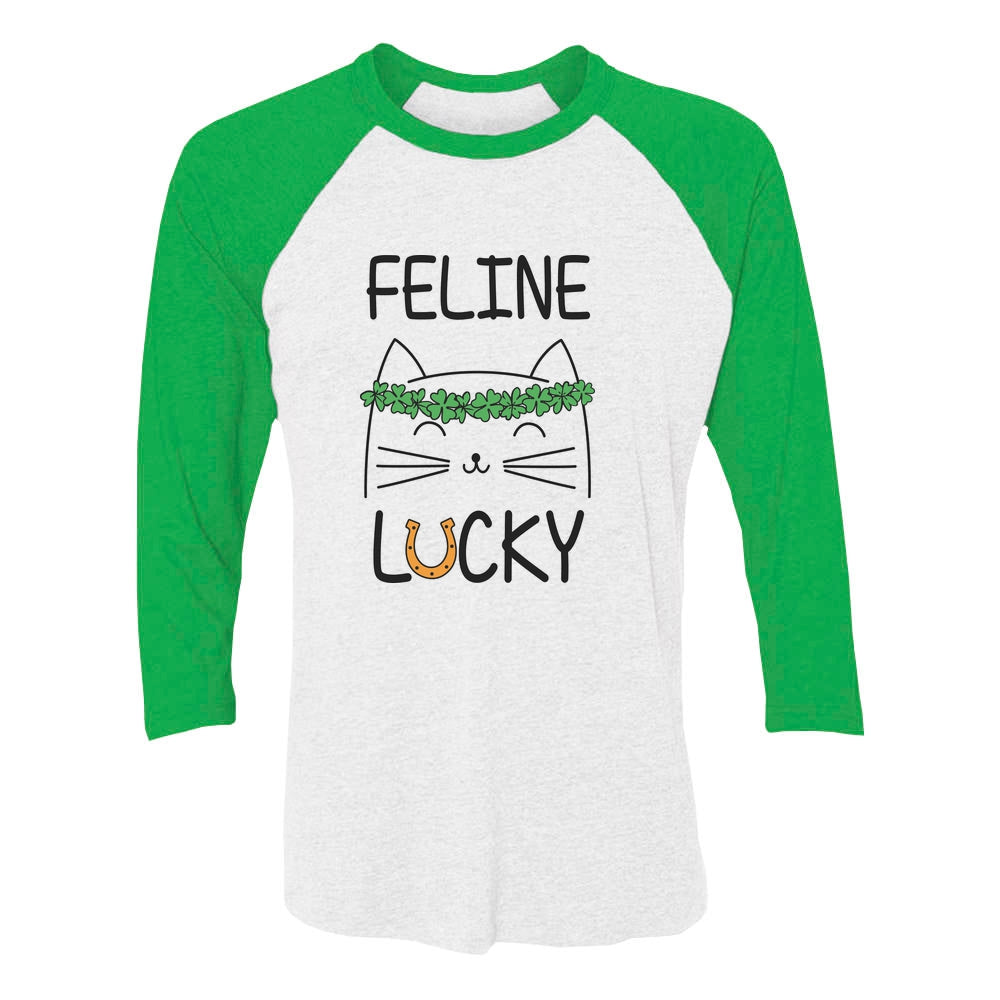 Feline Lucky Irish Cat St Patrick's Day 3/4 Women Sleeve Baseball Jersey Shirt - green/white 1