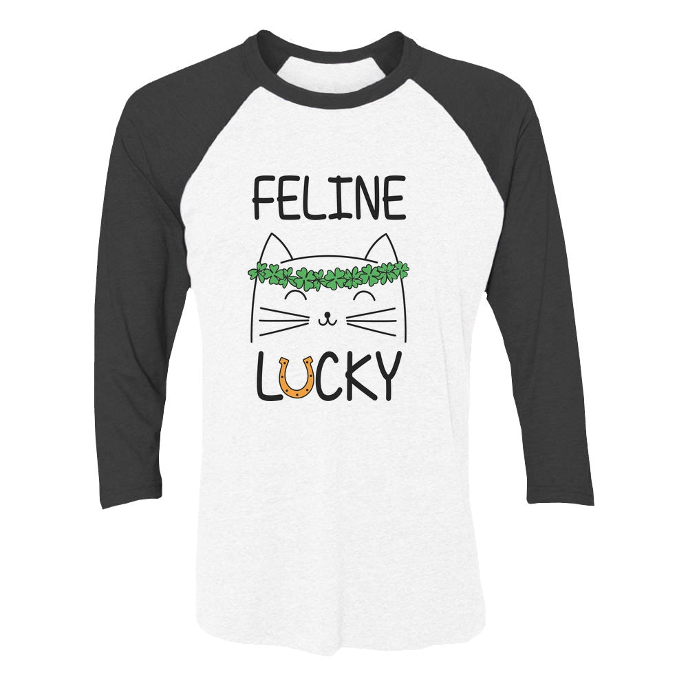 Feline Lucky Irish Cat St Patrick's Day 3/4 Women Sleeve Baseball Jersey Shirt - black/white 5
