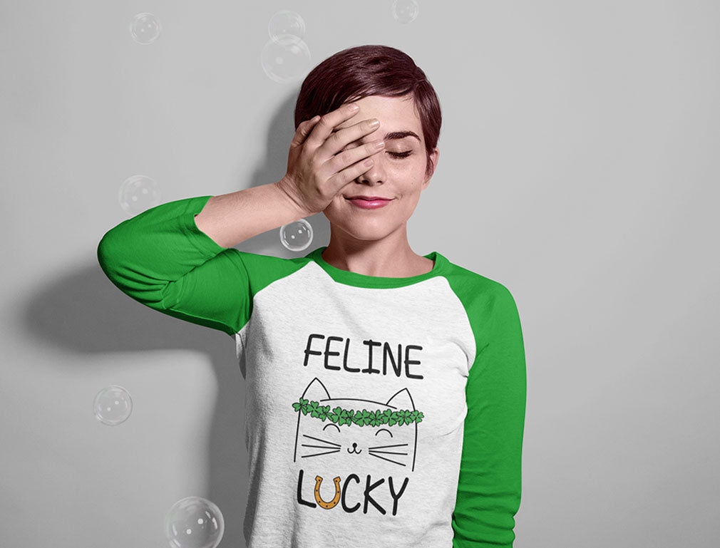 Feline Lucky Irish Cat St Patrick's Day 3/4 Women Sleeve Baseball Jersey Shirt - green/white 2