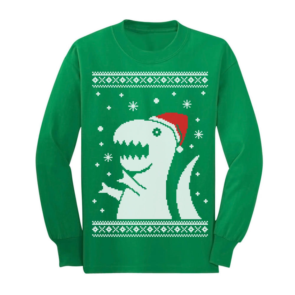 Ugly Christmas Sweater Big Trex Santa - Children Funny Youth Kids Long Sleeve T-Shirt 