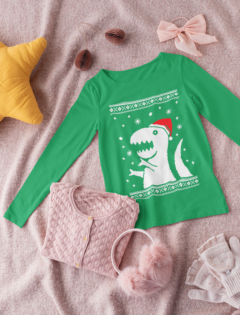 Ugly Christmas Sweater Big Trex Santa - Children Funny Youth Kids Long Sleeve T-Shirt 