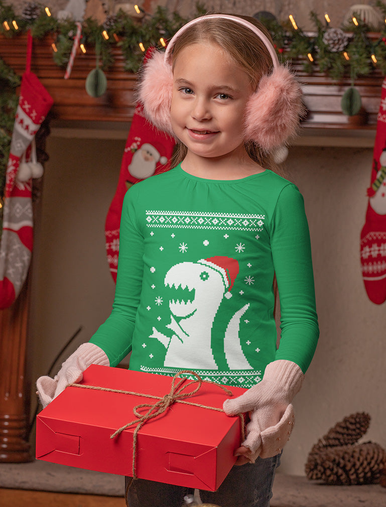 Ugly Christmas Sweater Big Trex Santa - Children Funny Youth Kids Long Sleeve T-Shirt - Black 4