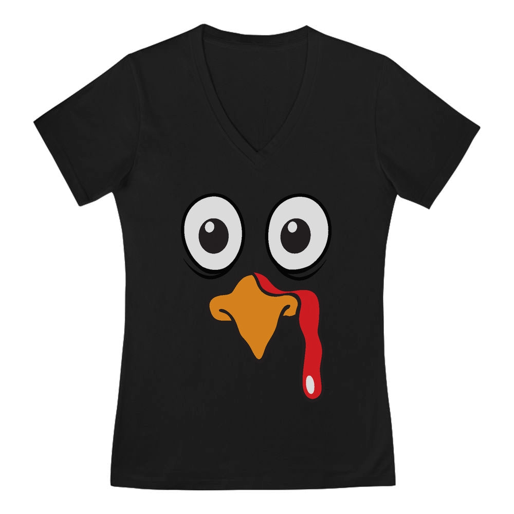 Turkey Face - Funny Thanksgiving V-Neck Fitted Women T-Shirt - Black 1