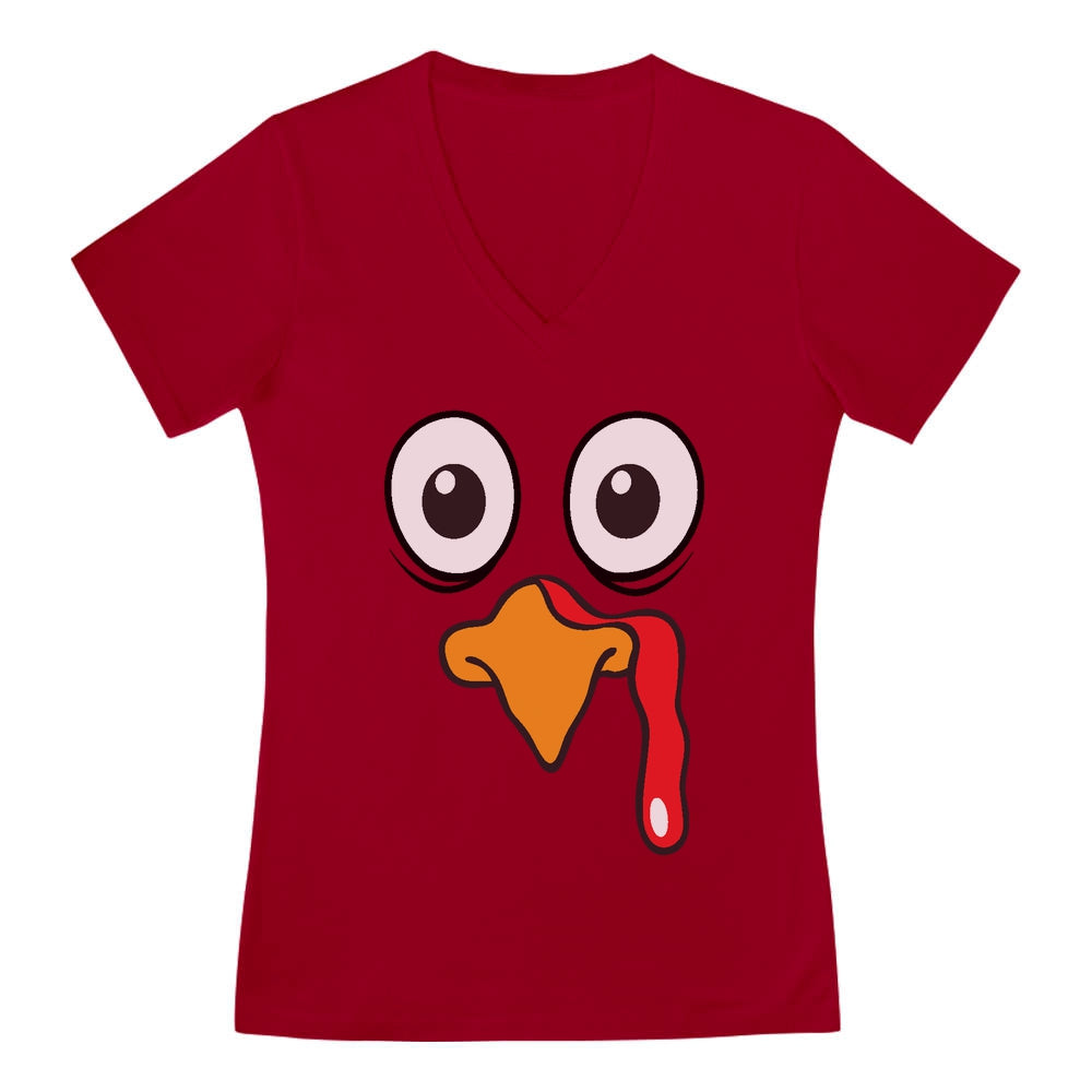 Turkey Face - Funny Thanksgiving V-Neck Fitted Women T-Shirt - Red 2