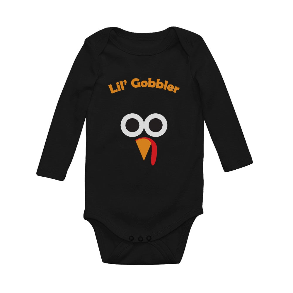 Cute Lil' Gobbler Turkey Face - Funny Thanksgiving Baby Long Sleeve Bodysuit - Black 2