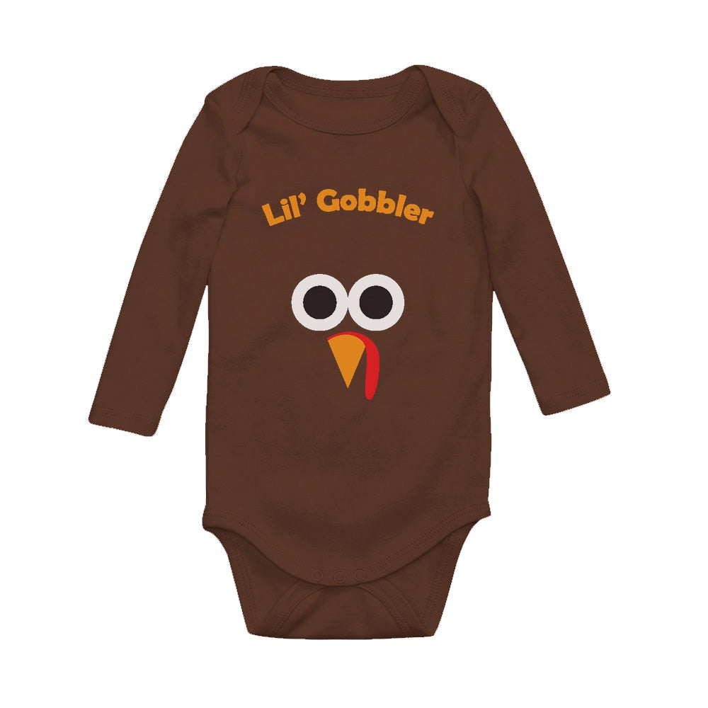 Cute Lil' Gobbler Turkey Face - Funny Thanksgiving Baby Long Sleeve Bodysuit - Brown 1