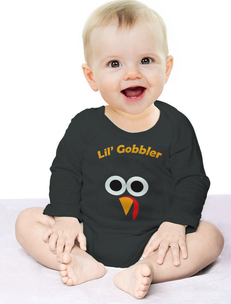 Cute Lil' Gobbler Turkey Face - Funny Thanksgiving Baby Long Sleeve Bodysuit 