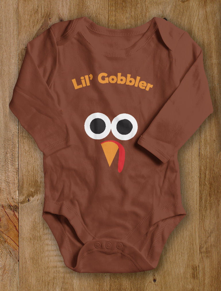 Cute Lil' Gobbler Turkey Face - Funny Thanksgiving Baby Long Sleeve Bodysuit - Black 4
