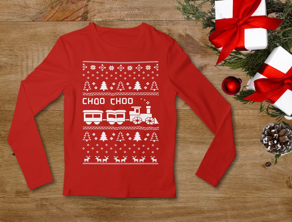 Choo Choo Train Children's Ugly Christmas Sweater Cute Youth Kids Long Sleeve T-Shirt 