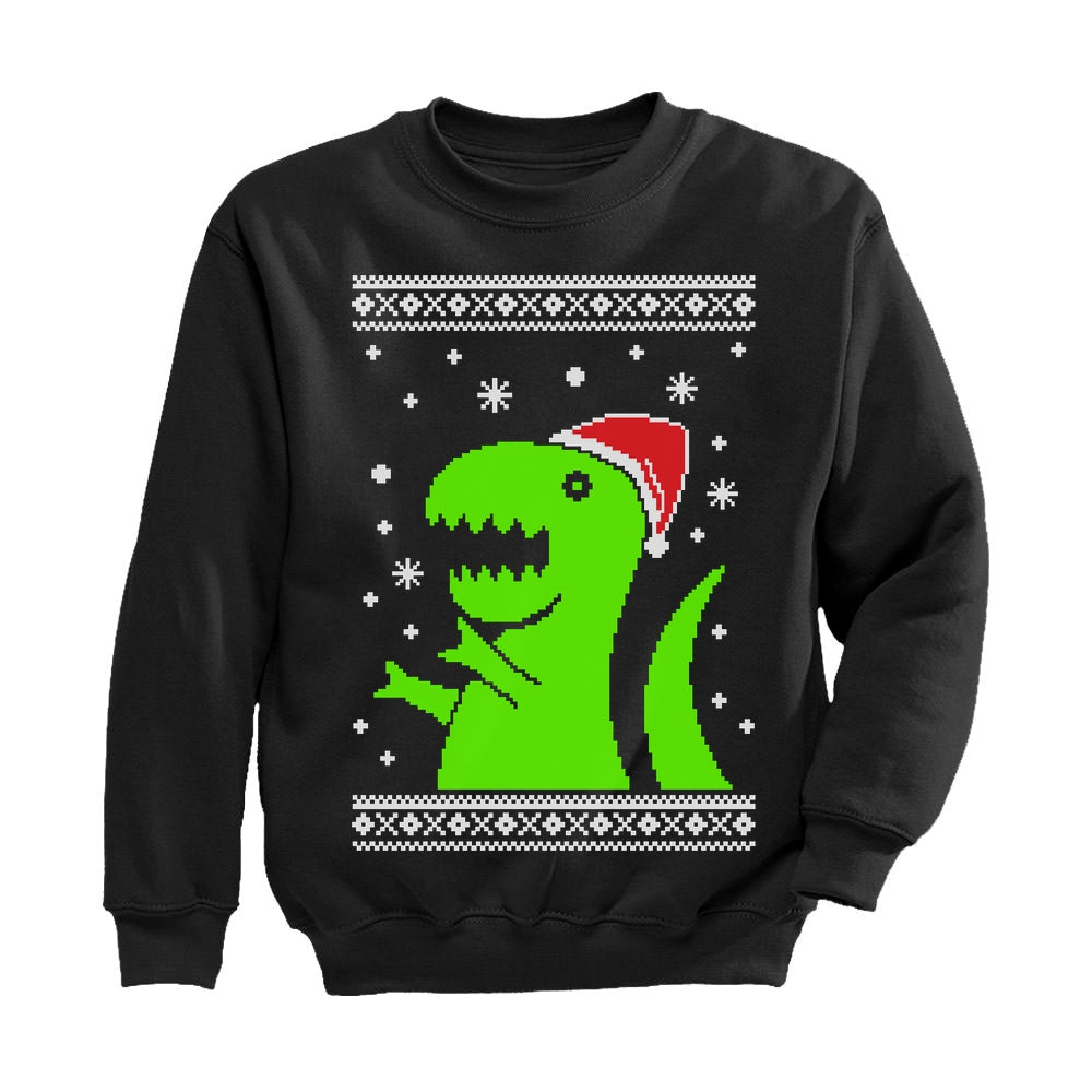 Big Green Trex Santa Ugly Christmas Sweater - Funny Youth Kids Sweatshirt - Black 1