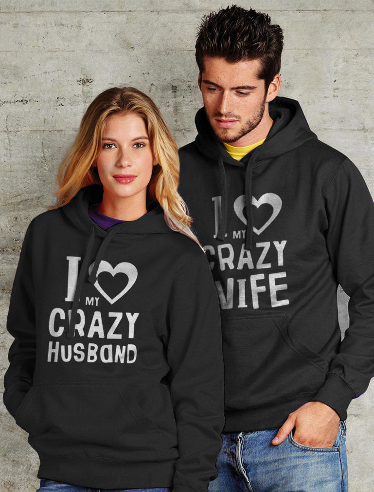 Love My Crazy Husband & Wife Matching Hoodie Wedding Valentine's Day Gift Set - Man California Blue / Women Red 17