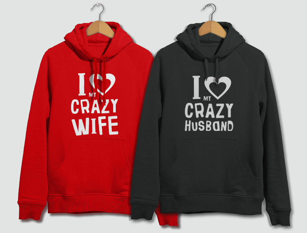 Love My Crazy Husband & Wife Matching Hoodie Wedding Valentine's Day Gift Set - Man Black / Women Black 18