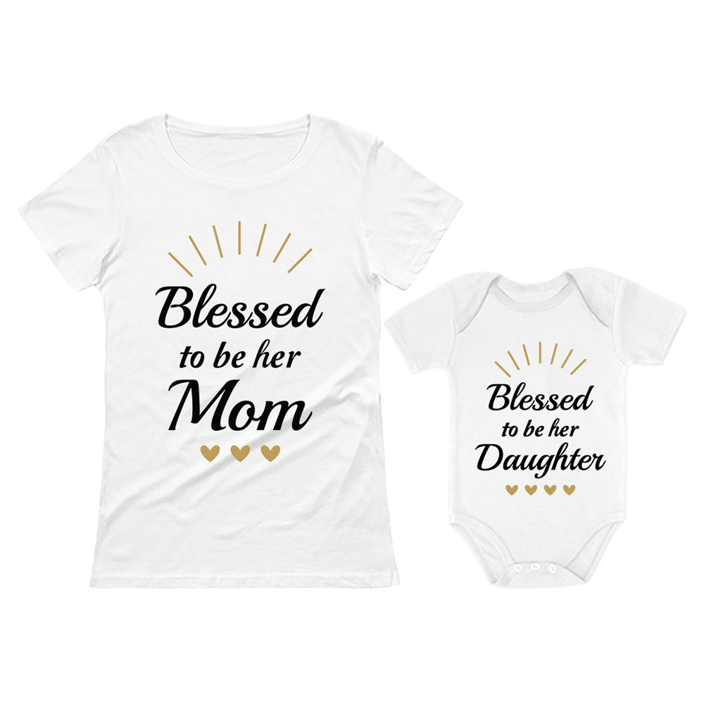 Blessed Mommy & Me Mom T-shirt & Daughter Bodysuit Matching Mother's Day Set - White 1