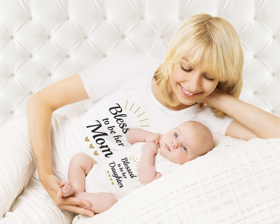 Blessed Mommy & Me Mom T-shirt & Daughter Bodysuit Matching Mother's Day Set - White 2