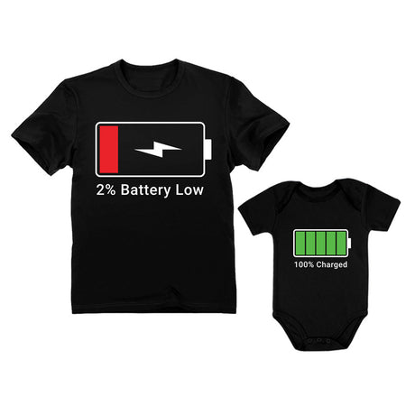100% Charged and Low Battery Baby Bodysuit & Men's T-Shirt Funny Matching Set - Black 1