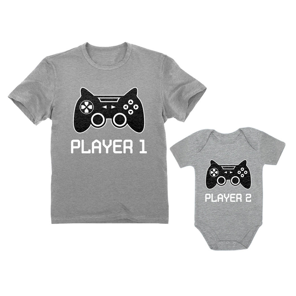 Gamer Shirts For Father & Son / Daughter Player 1 Player 2 Men Tee Baby Bodysuit - Gray 2