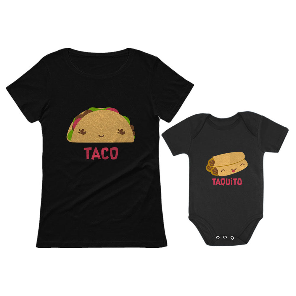 Taco & Taquito Baby Bodysuit & Women's T-Shirt Matching Mother's Day Gift Set - Taco Black / Taquito Black 2