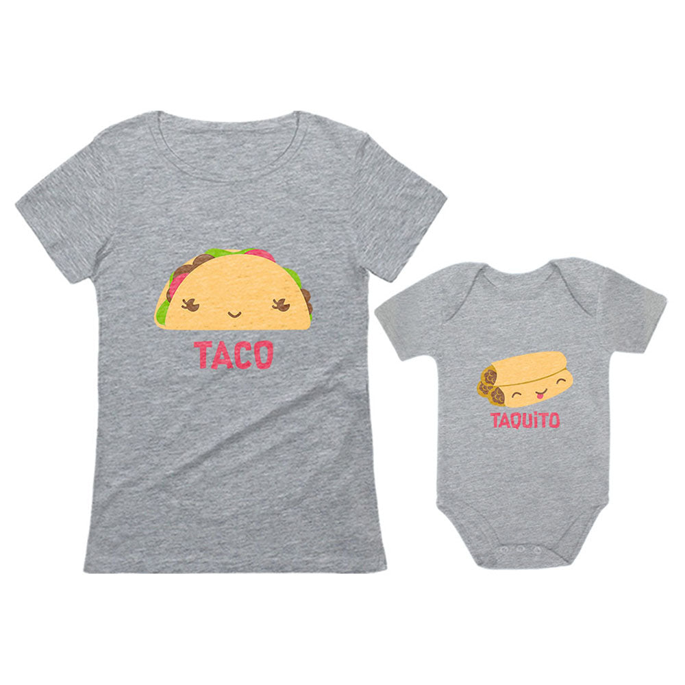 Taco & Taquito Baby Bodysuit & Women's T-Shirt Matching Mother's Day Gift Set - Taco Gray / Taquito Gray 1