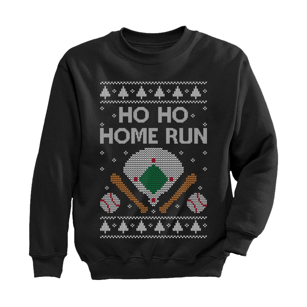 Ho Ho Home Run Baseball Fans Ugly Christmas Youth Kids Sweatshirt - Black 2