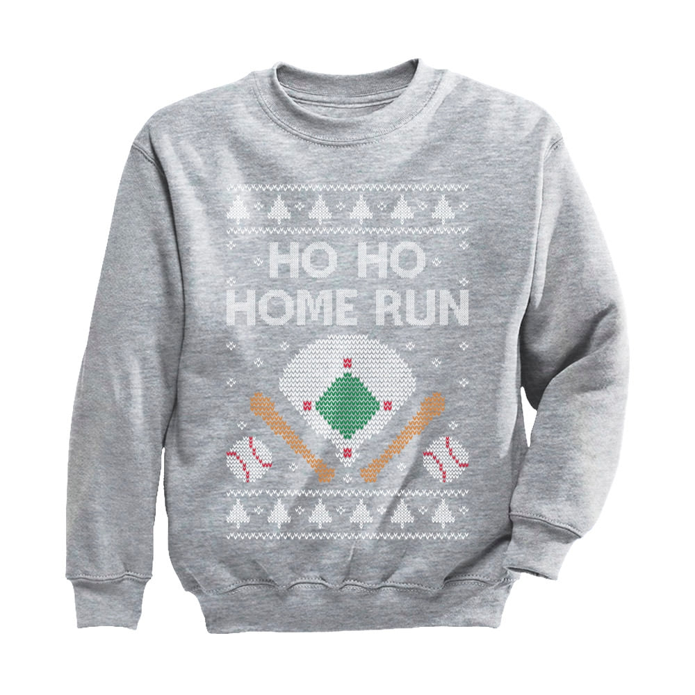 Ho Ho Home Run Baseball Fans Ugly Christmas Youth Kids Sweatshirt - Gray 3