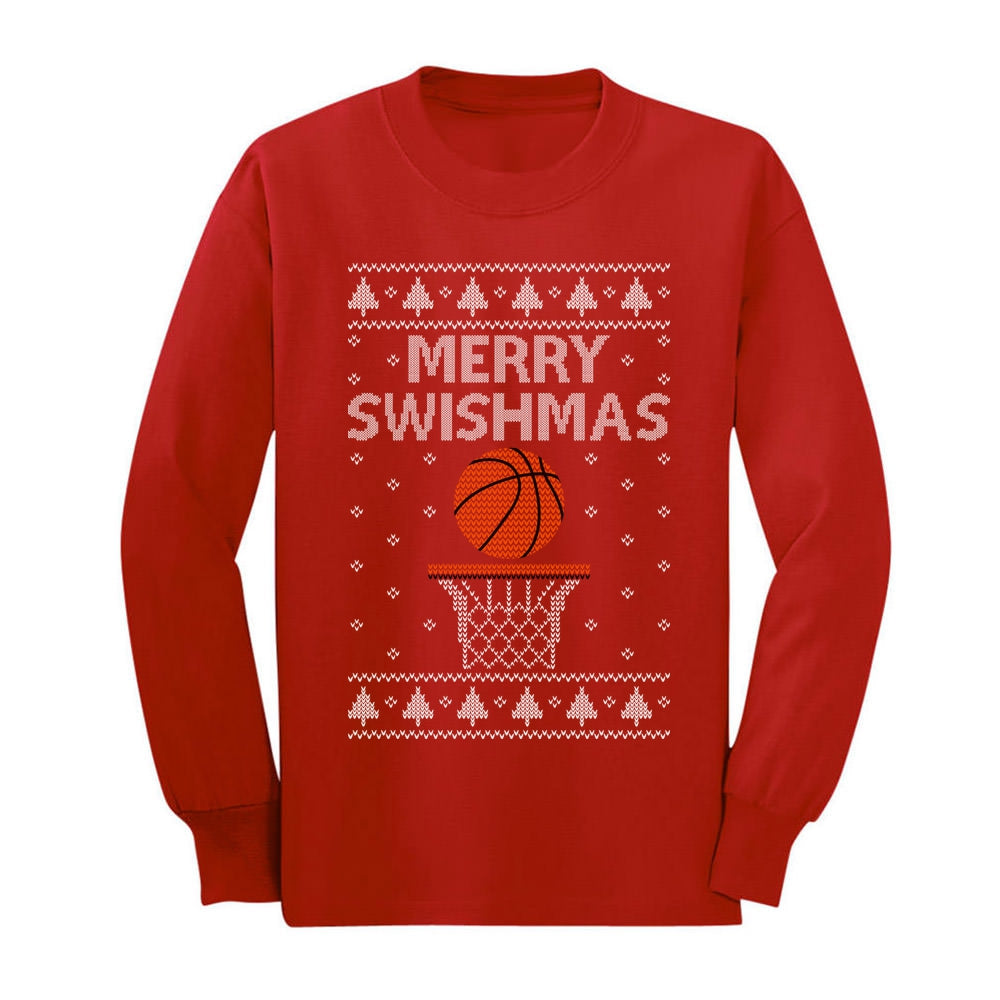 Merry Swishmas Basketball Christmas Ugly Sweater Youth Kids Long Sleeve T-Shirt - Red 1