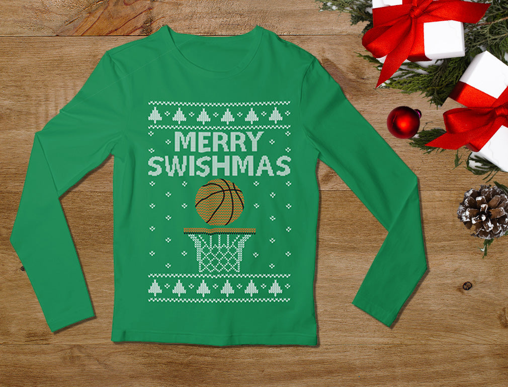 Merry Swishmas Basketball Christmas Ugly Sweater Youth Kids Long Sleeve T-Shirt - Green 5