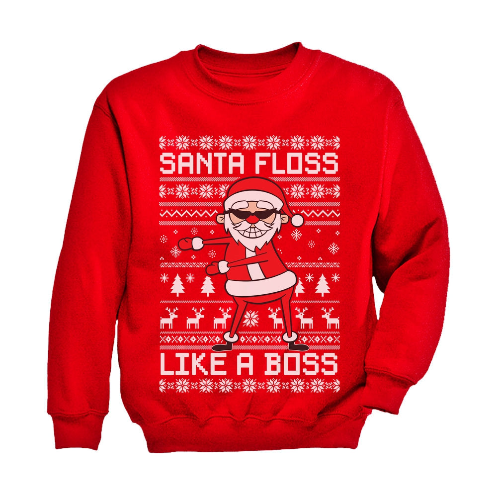 Santa Floss Like a Boss Funny Ugly Christmas Sweater Youth Kids Sweatshirt - Red 2
