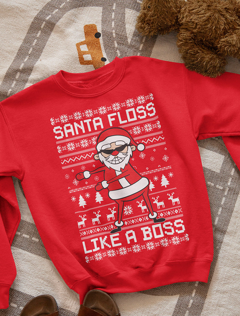 Santa Floss Like a Boss Funny Ugly Christmas Sweater Youth Kids Sweatshirt - Red 6