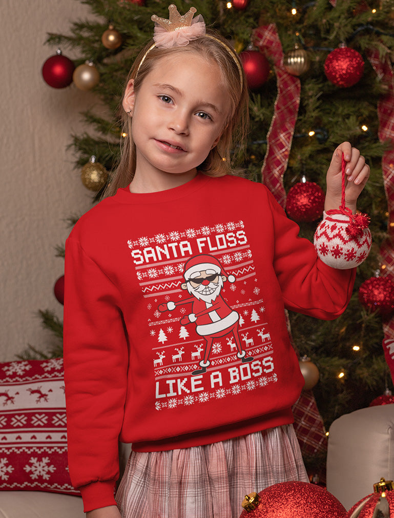 Santa Floss Like a Boss Funny Ugly Christmas Sweater Youth Kids Sweatshirt - Red 7