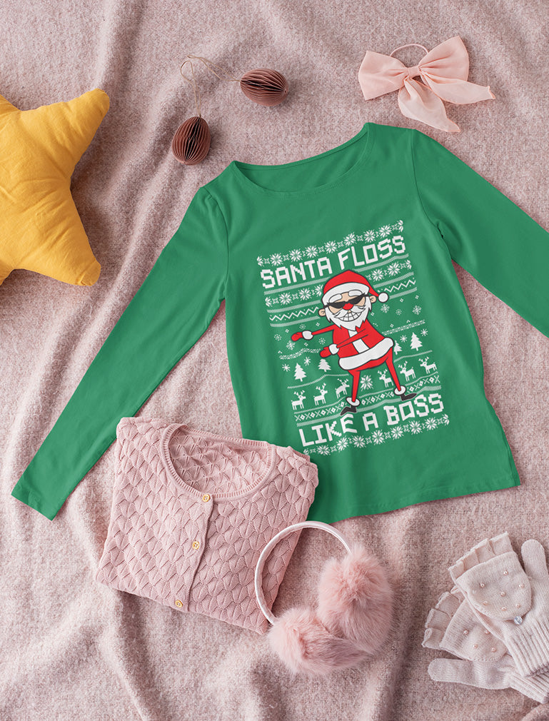 Santa Floss Like a Boss Ugly Christmas Sweater Youth Kids Long Sleeve T-Shirt 