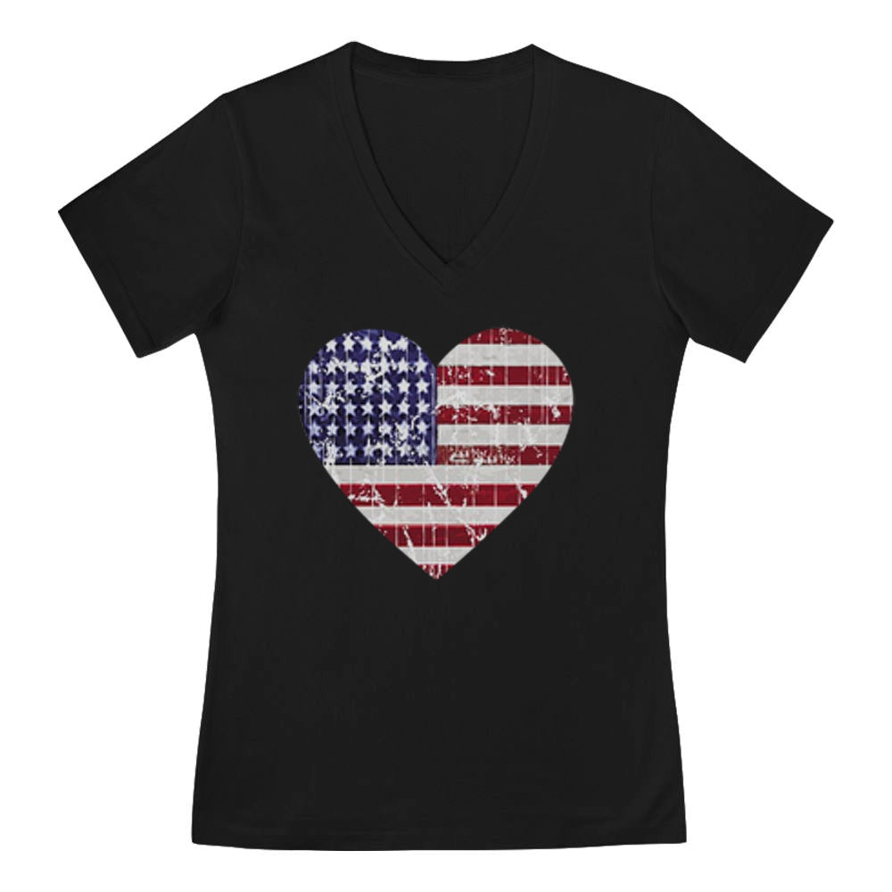 USA Heart Flag V-Neck Fitted Women T-Shirt - Black 1