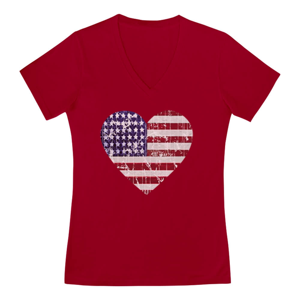USA Heart Flag V-Neck Fitted Women T-Shirt - Red 2