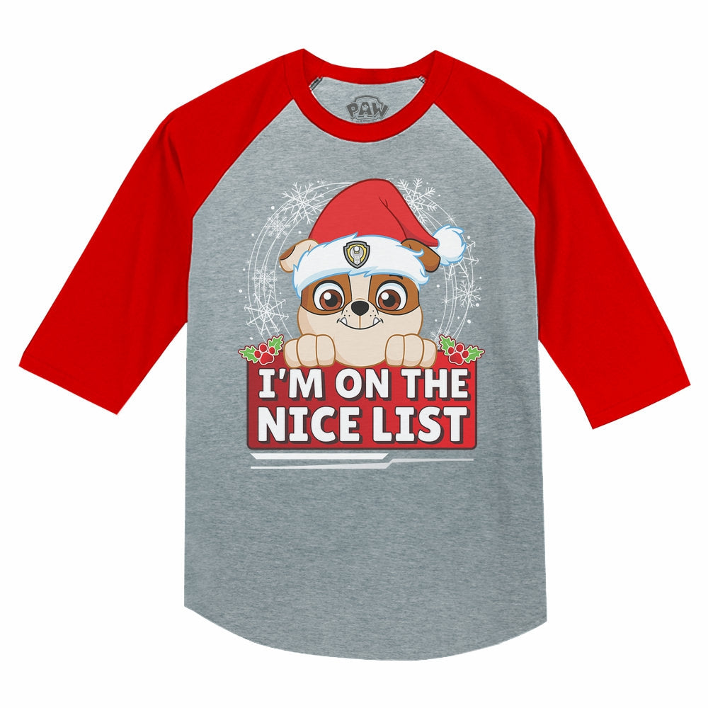 Paw Patrol Christmas Rubble Nice List Santa 3/4 Sleeve Baseball Jersey Toddler Shirt - Red 1