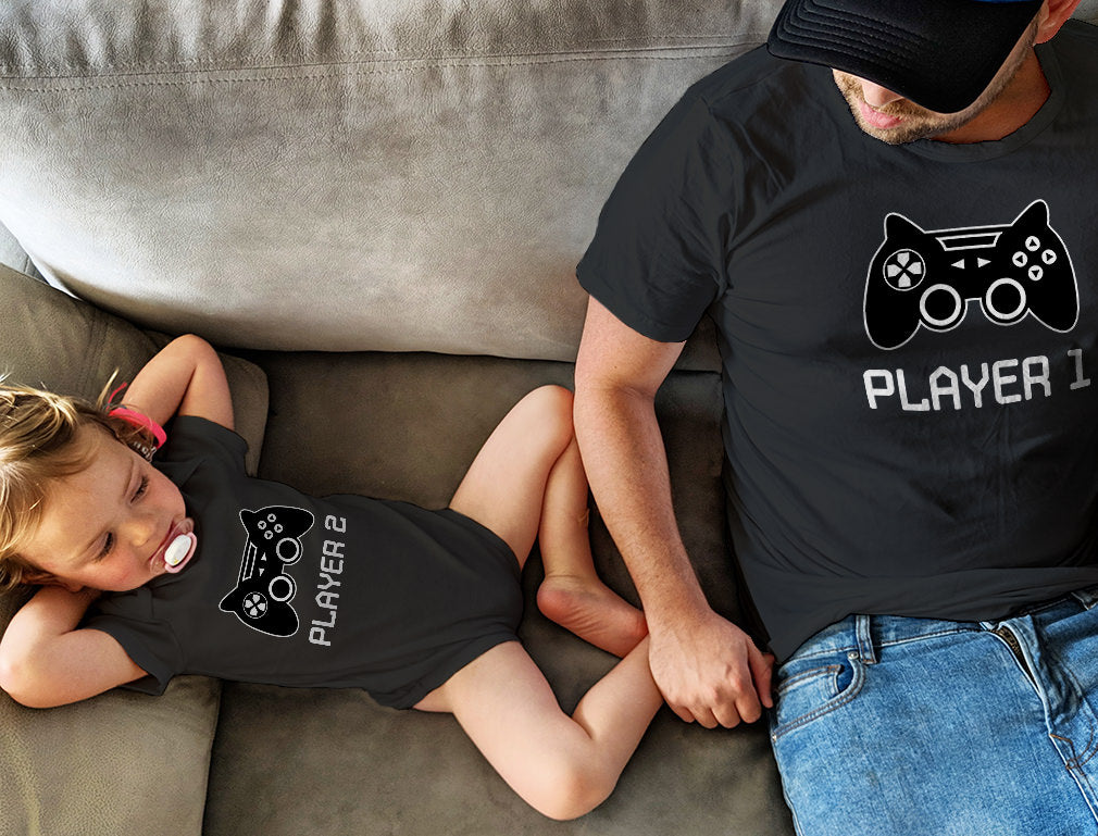 Gamer Shirts For Father & Son / Daughter Player 1 Player 2 Men Tee Baby Bodysuit