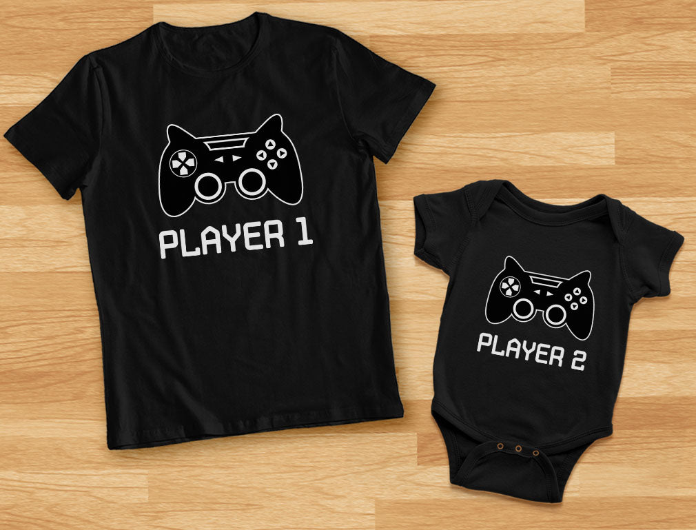 Gamer Shirts For Father & Son / Daughter Player 1 Player 2 Men Tee Baby Bodysuit