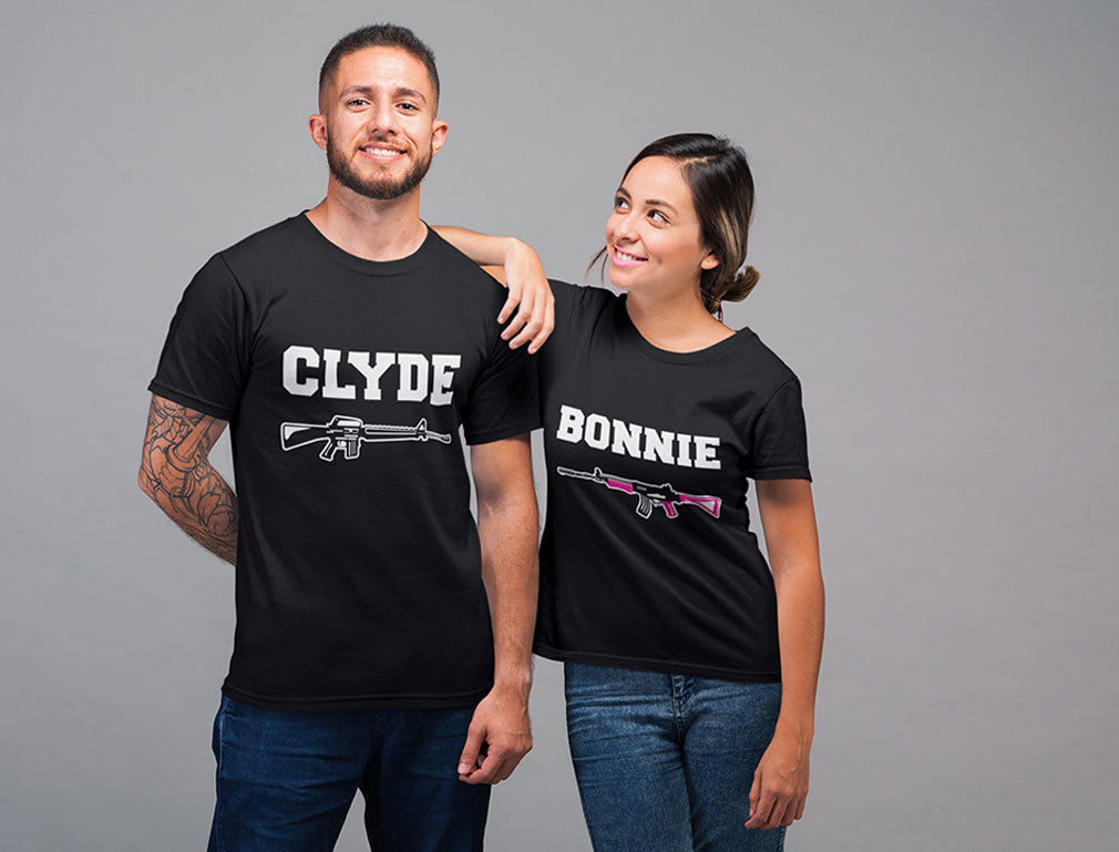 Bonnie and Clyde Valentine's Day Gift for Him and Her Matching Couples T-shirts - Bonnie Black / Clyde Black 4
