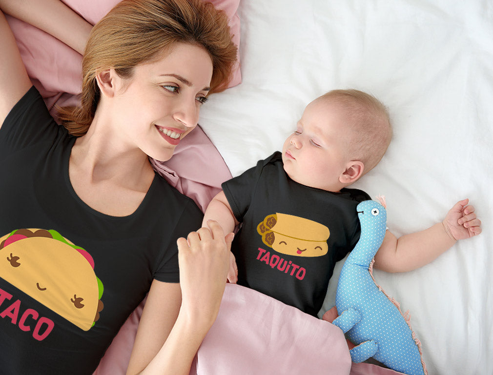 Taco & Taquito Baby Bodysuit & Women's T-Shirt Matching Mother's Day Gift Set - Taco Black / Taquito Black 4
