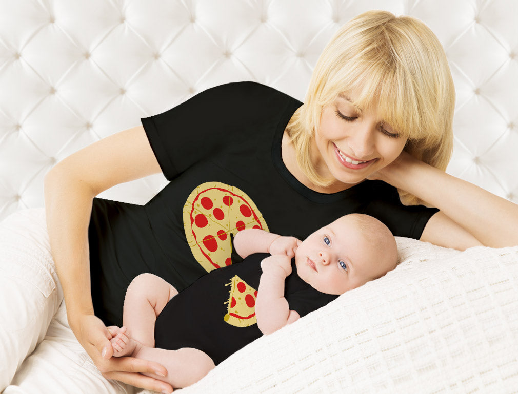Pizza Pie & Slice Baby Bodysuit & Women's T-Shirt Matching Set Mom & Baby Set - Mom Black / Baby Black 4