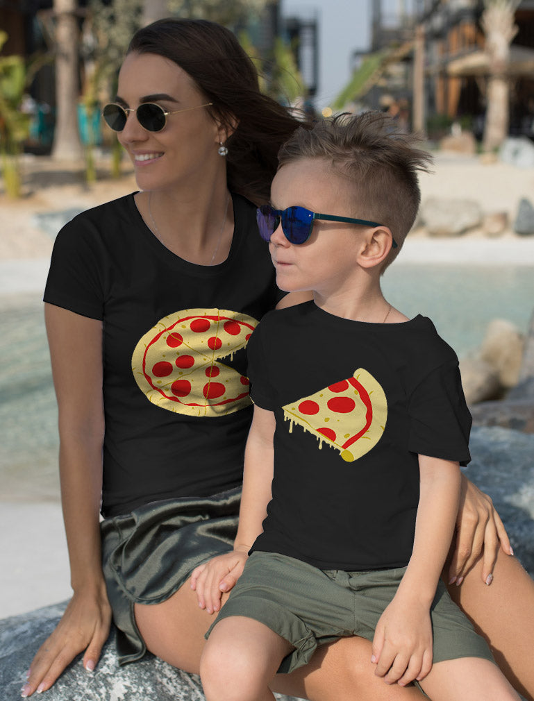 Pizza Pie & Slice Child & Women's Matching T-Shirts - Black 1
